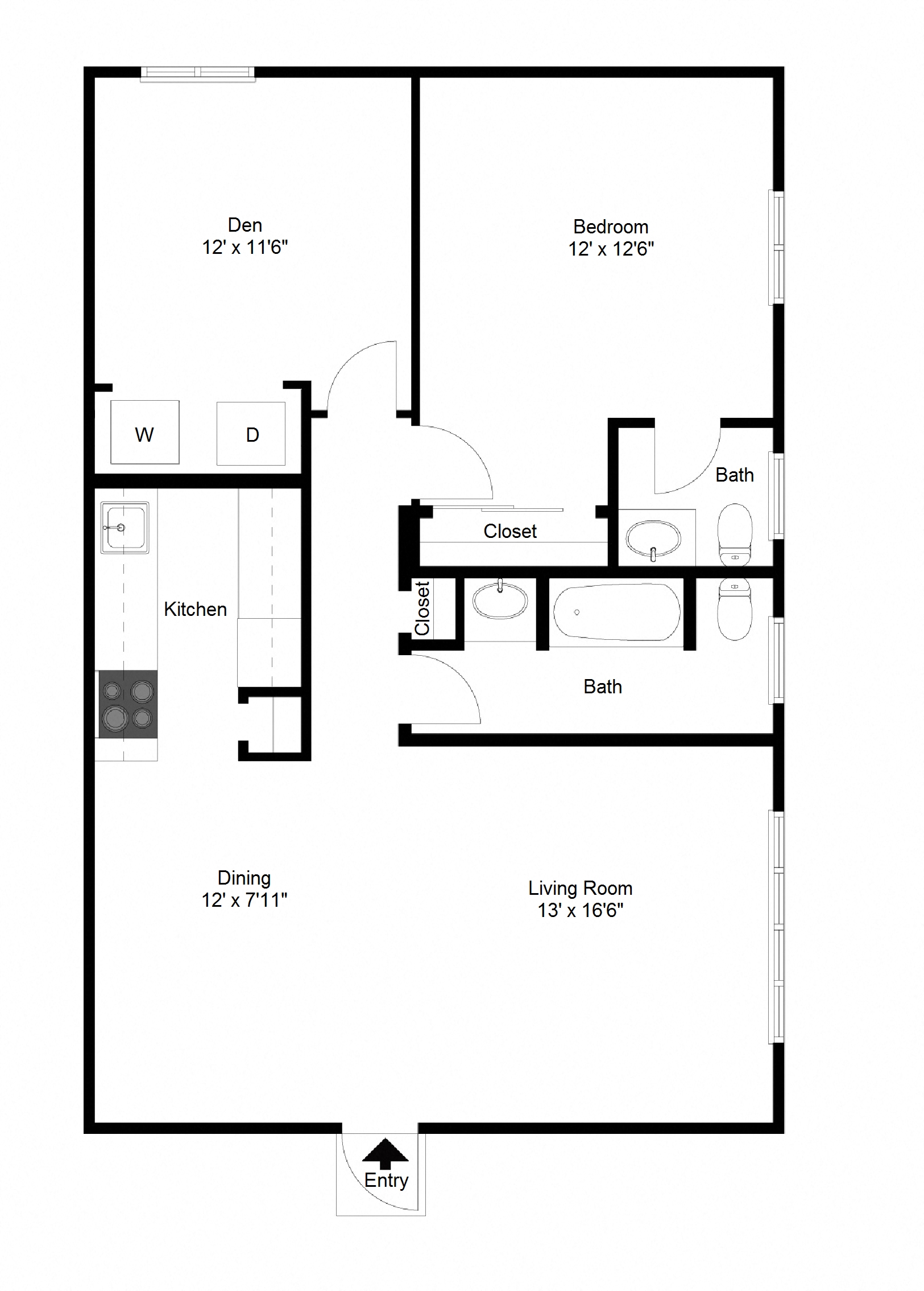 Floor plan for 1 bed, 1.5 baths, 875 sqft